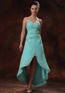 High-low Spaghetti Straps Appliques and Ruch For Turquoise Pageant Evening Dress