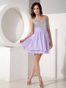 Lilac Empire Strap Mini-length Chiffon Beading Prom Homecoming Cocktail Dress
