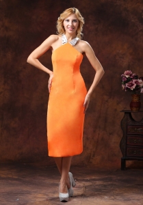 Orange Halter Neckline Satin Mother Of Holiday Cocktail Dresses With Tea-length