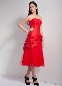 Red A-line Strapless Tea-length Taffeta and Tulle Hand Made Flowers Prom Holiday Dresses