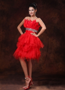 Red Feather Tulle Beaded Decorate Waist A-line Customize Short Prom holiday Dresses With Strapless For 2019