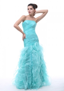 Ruched and Ruffles Decorate Bodice Mermaid Floor-length Aqua Blue Organza 2019 Pageant Celebrity Dress