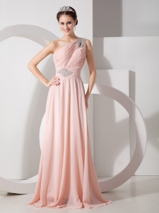 Baby Pink Empire One Shoulder Brush Train Chiffon Ruch and Beading Pageant Evening Dress