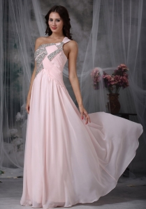 Baby Pink Empire One Shoulder Floor-length Chiffon Beading Pageant Evening Dress
