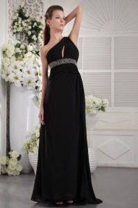 Black Empire One Shoulder Brush Train Chiffon Ruch and Beading Prom Evening Dress