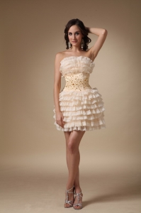 Champagne A-line Strapless Mini-length Organza Beading Homecoming Cocktail Dress