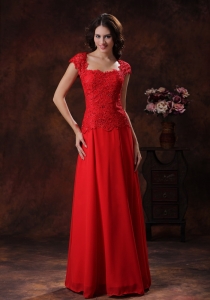 Custom Made Red Square Neckline Pageant Evening Dress With Lace Over Bodice