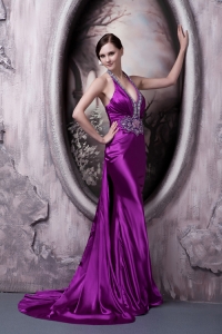 Eggplant Purple Column Halter Brush Train Silk Like Satin Beading and Appliques Prom Evening Dress