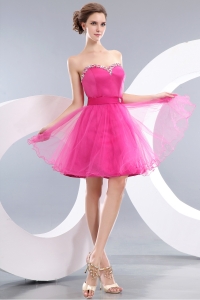 Hot Pink A-line / Priness Sweetheart Mini-length Organza Beading Cocktail Graduation Dresses