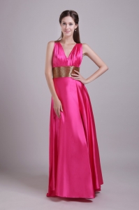 Hot Pink Empire V-neck Floor-length Elastic Woven Satin Sash Evening Celebrity Dress