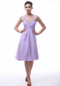 Lavender Straps Prom Homecoming Dress With Beaded and Ruch Decorate Knee-length