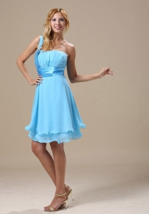 One Shoulder Aqua Blue Chiffon Ruched Decorate Bust Knee-length 2019 Prom Graduation Dress