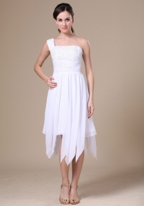 One Shoulder White Prom Holiday Dresses With Asymmetrical Appliqueas Decorate