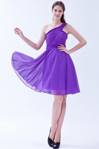 Purple A-line One Shoulder Knee-length Chiffon Ruch Cocktail Holiday Dresses