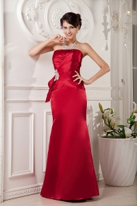 Red Column Strapless Floor-length Satin Beading Prom Evening Dress