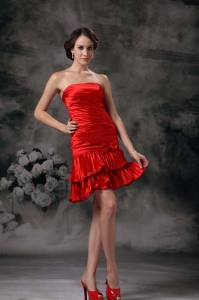Red Column Strapless Mini-length Taffeta Ruch Prom Holiday Dresses