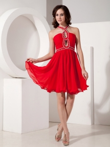 Red Empire Strap Mini-length Chiffon Beading Prom Holiday Dresses