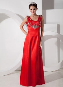 Red Empire V-neck Floor-length Satin Beading Pageant Evening Dress