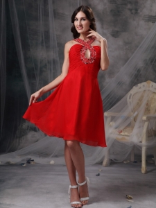 Red Empire V-neck Knee-length Chiffon Beading Prom Holiday Dresses