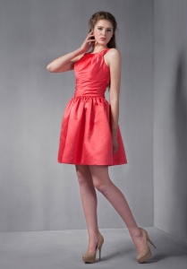 Red A-line Scoop Mini-length Taffeta Ruch Prom Graduation Dress