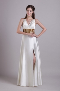 White Column V-neck Floor-length Elastic Woven Satin Belt Evening Celebrity Dress