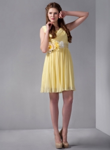 Yellow Empire V-neck Mini-length Chiffon Hand Made Flower Prom Graduation Dress