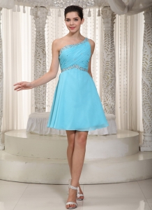 Aqua Empire One Shoulder Mini-length Chiffon Beading Prom Graduation Dress