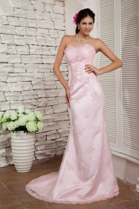 Baby Pink Column Sweetheart Brush Train Lace Beading Evening Celebrity Dress
