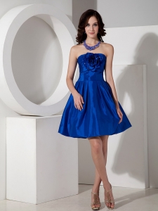 Blue A-line Strapless Mini-length Taffeta Hand Flowers Prom Graduation Dress