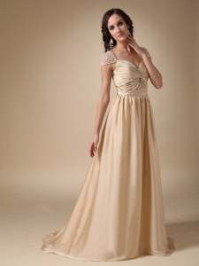 Champagne Empire Sweetheart Brush Train Elastic Woven Satin Ruch Prom Evening Dress