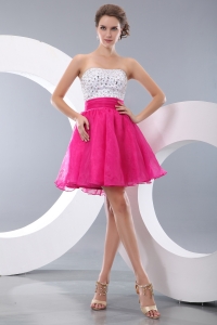 Hot Pink A-line / Princess Strapless Mini-length Organza Beading Prom Cocktail Dresses