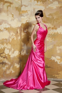 Hot Pink Column Straps Court Train Taffeta Beading Evening Celebrity Dress