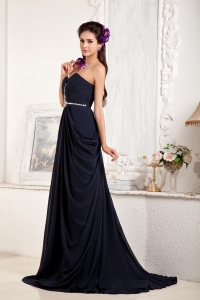 Navy Blue Empire Sweetheart Brush Train Chiffon Beading Evening Celebrity Dress