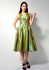 Olive Green A-line V-neck Tea-length Ruch Taffeta Prom Graduation Dress