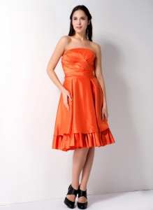 Orange A-line Strapless Knee-length Taffeta Ruch Graduation Cocktail Dress