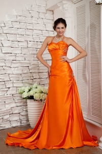 Orange Red A-line Straps Brush Train Elastic Woven Satin Beading Evening Celebrity Dress