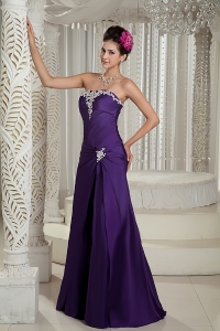 Purple Column Strapless Satin Appliques Evening Pageant Dress