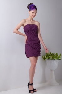 Purple Column Strapless Mini-length Chiffon Ruch Prom Homecoming Dress