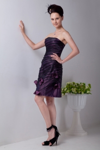 Purple Column Strapless Mini-length Taffeta Hand Made Flowers Prom Homecoming Dress