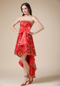 Red A-line Strapless High-low Elastic Wove Satin and Lace Bow Prom Holiday Dresses