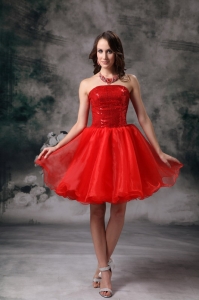 Red A-line Strapless Mini-length Organza Prom Holiday Dresses
