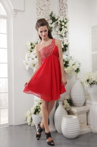 Red Empire One Shoulder Short Chiffon Beading Cocktail Holiday Dresses