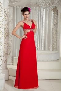 Red Empire Straps Floor-length Chiffon Beading Evening Pageant Dress