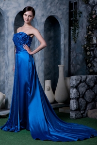 Royal Blue Column Strapless Watteau Train Elastic Woven Satin Appliques With Beading Evening Pageant Dress