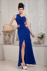 Royal Blue Empire One Shoulder Ankle-length Chiffon Ruch Prom Evening Dress