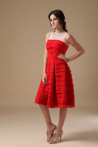 White and Red A-line Bateau Knee-length Chiffon Beading Holiday Graduation Dresses