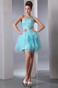 Aqua Blue A-line One Shoulder Tulle Beading Prom Homecoming Dress