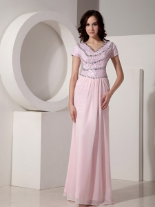 Baby Pink Empire V-neck Floor-length Chiffon Beading Pageant Evening Dress