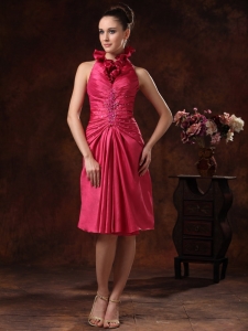 Beaded and Ruched For Hot Pink Halter Prom Graduation Dress Knee-length