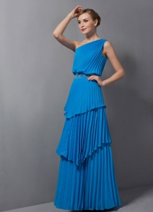 Blue Column One Shoulder Floor-length Chiffon Pleat Maxi/Pageant Dresses